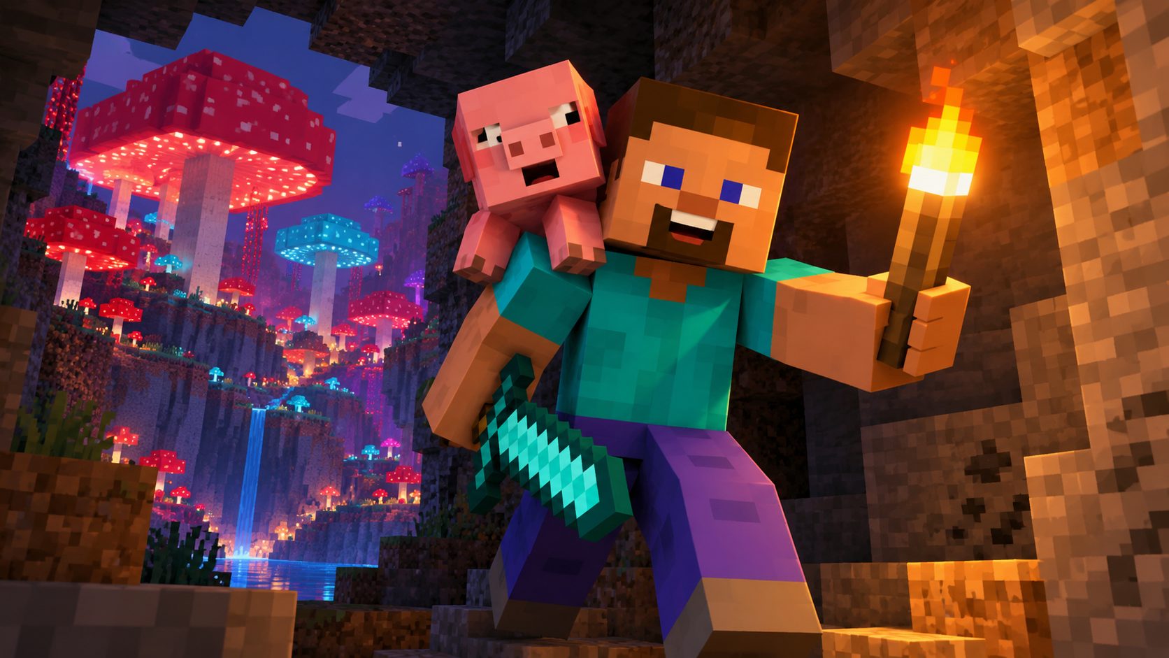 Jugador de Minecraft con antorcha y espada lleva un cerdo a hombros en una cueva