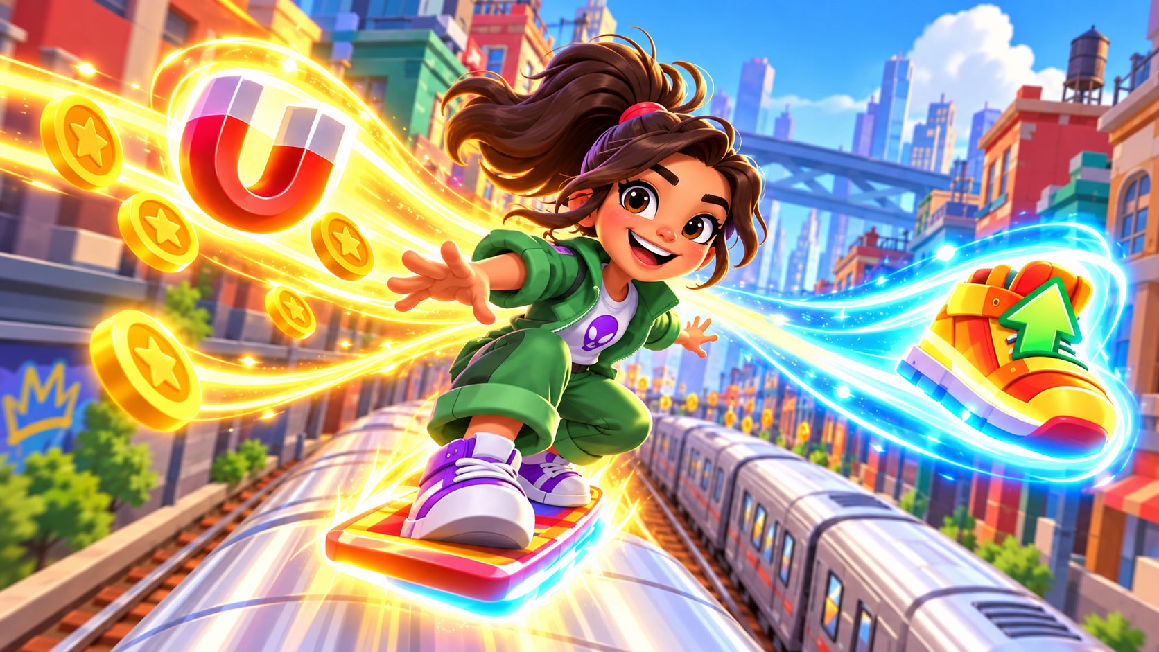 Surfer de Subway Surfers City con dos power-ups activos sobre un tren