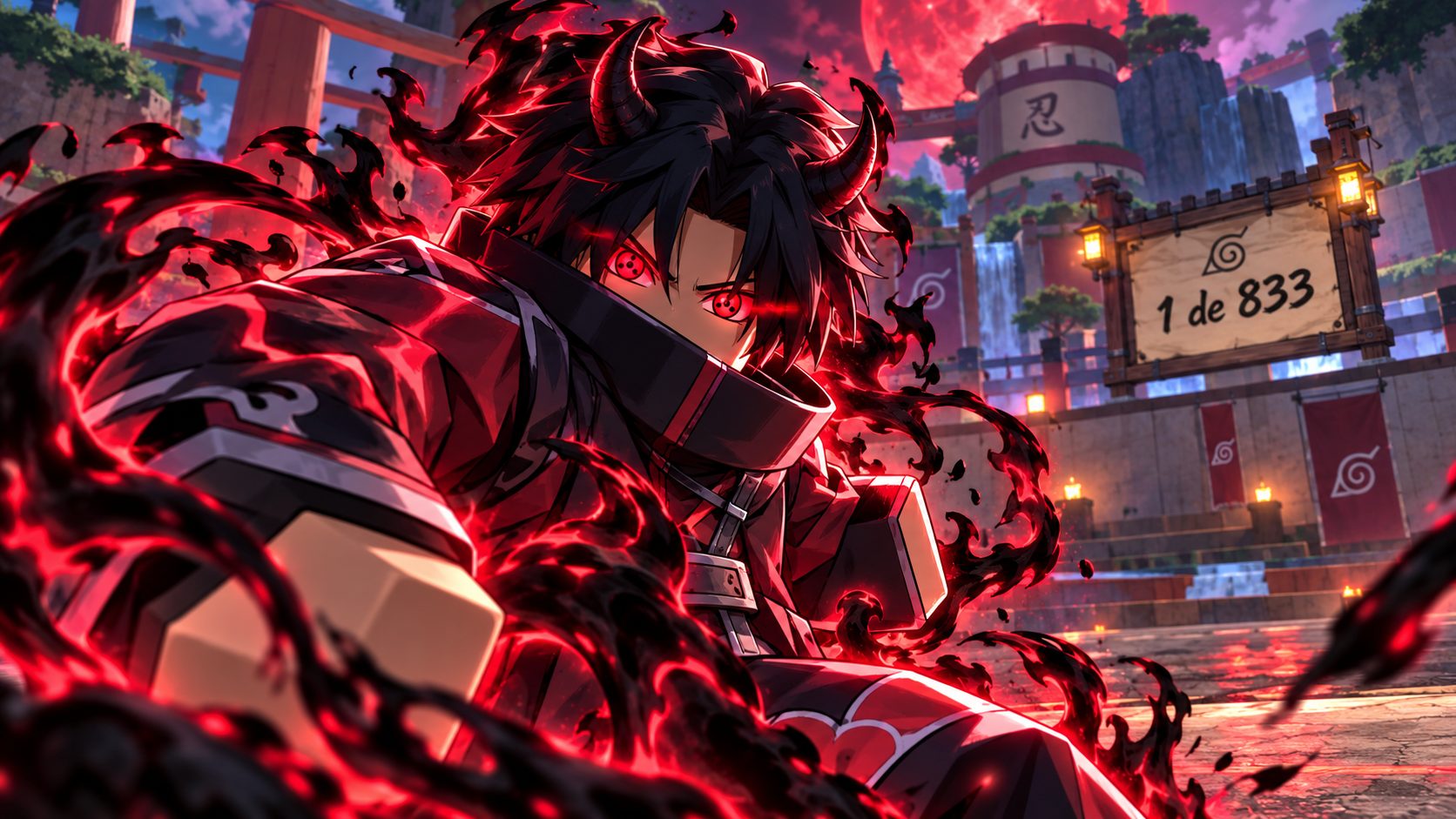 Avatar de Shindo Life con el ojo Akuma rojo y fuego negro