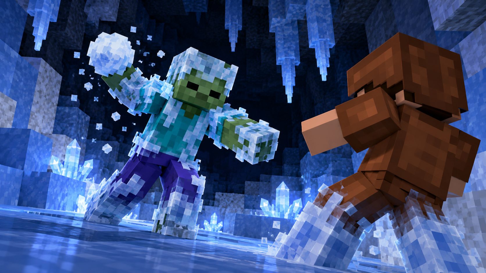 Un zombi helado de Minecraft lanza una bola de hielo a un jugador con armadura de cuero dentro de una cueva de hielo