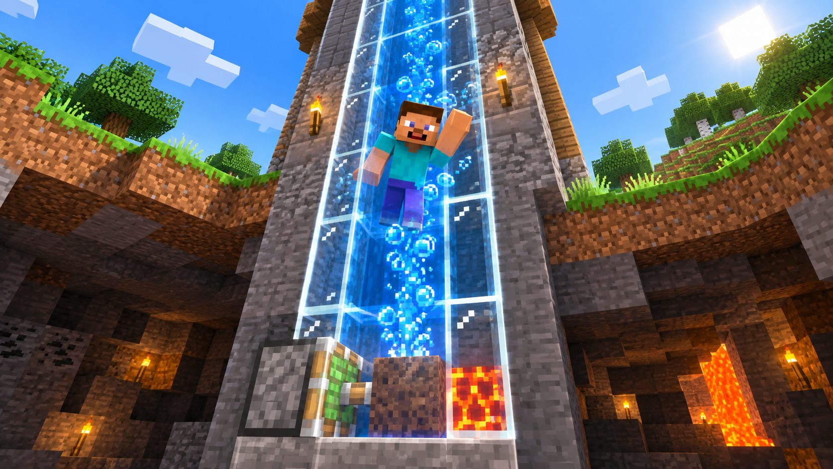 Jugador de Minecraft subiendo por un ascensor de agua con un pistón, arena de almas y bloque de magma en la base