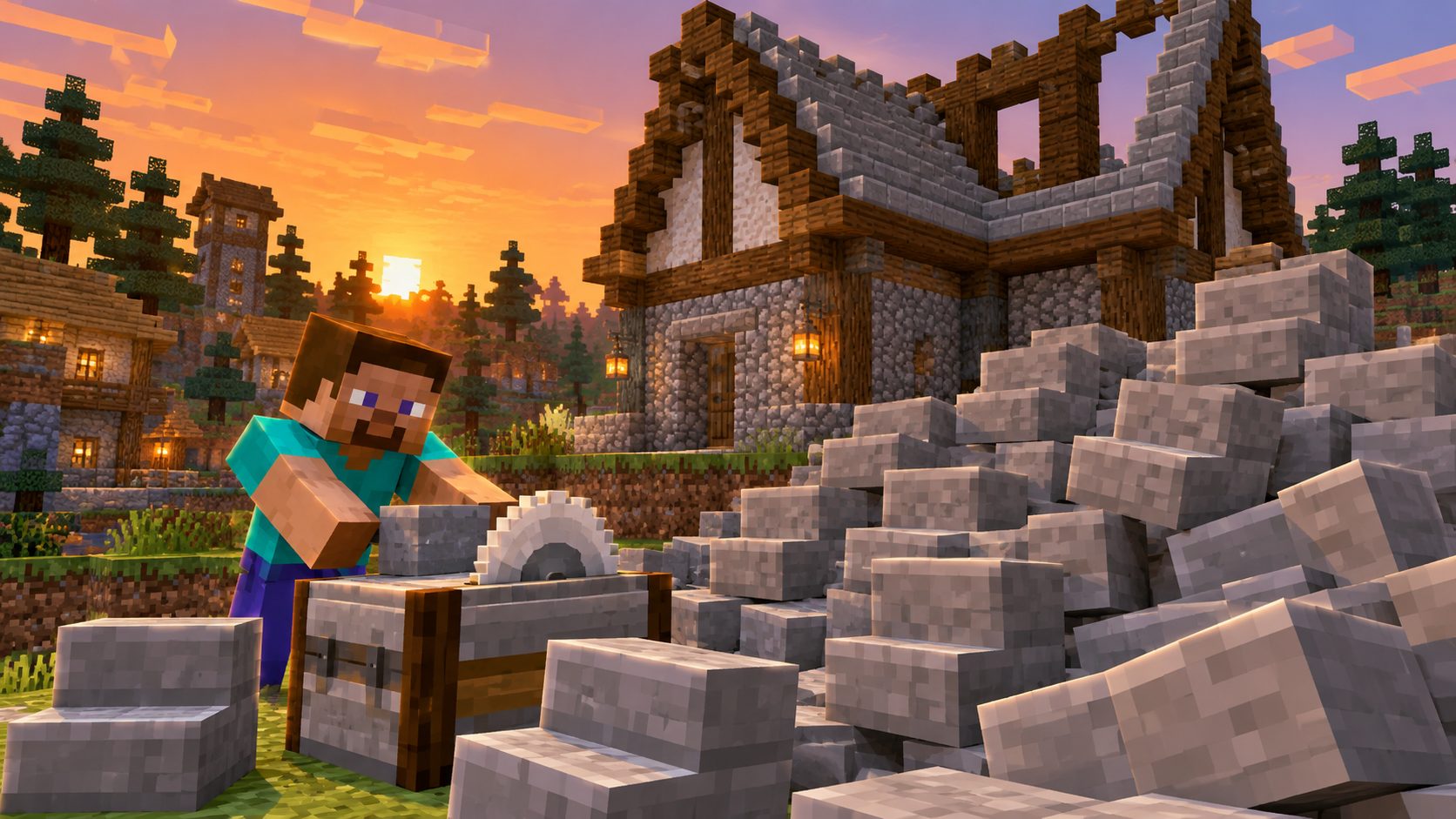 Casa medieval de Minecraft a medio construir junto a un cortapiedras