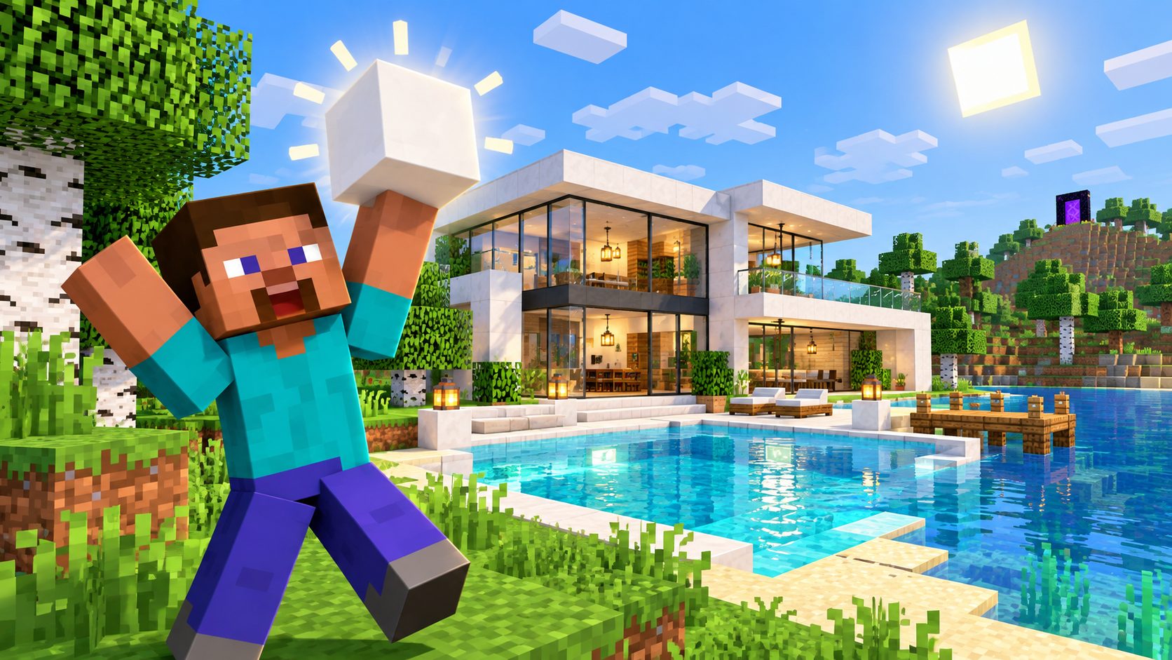 Casa moderna blanca de Minecraft con ventanales de cristal y piscina