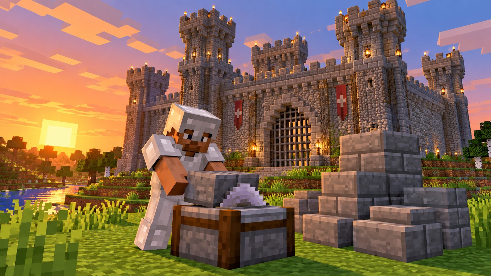 Castillo de ladrillos de piedra en Minecraft con torres y un cortapiedras delante
