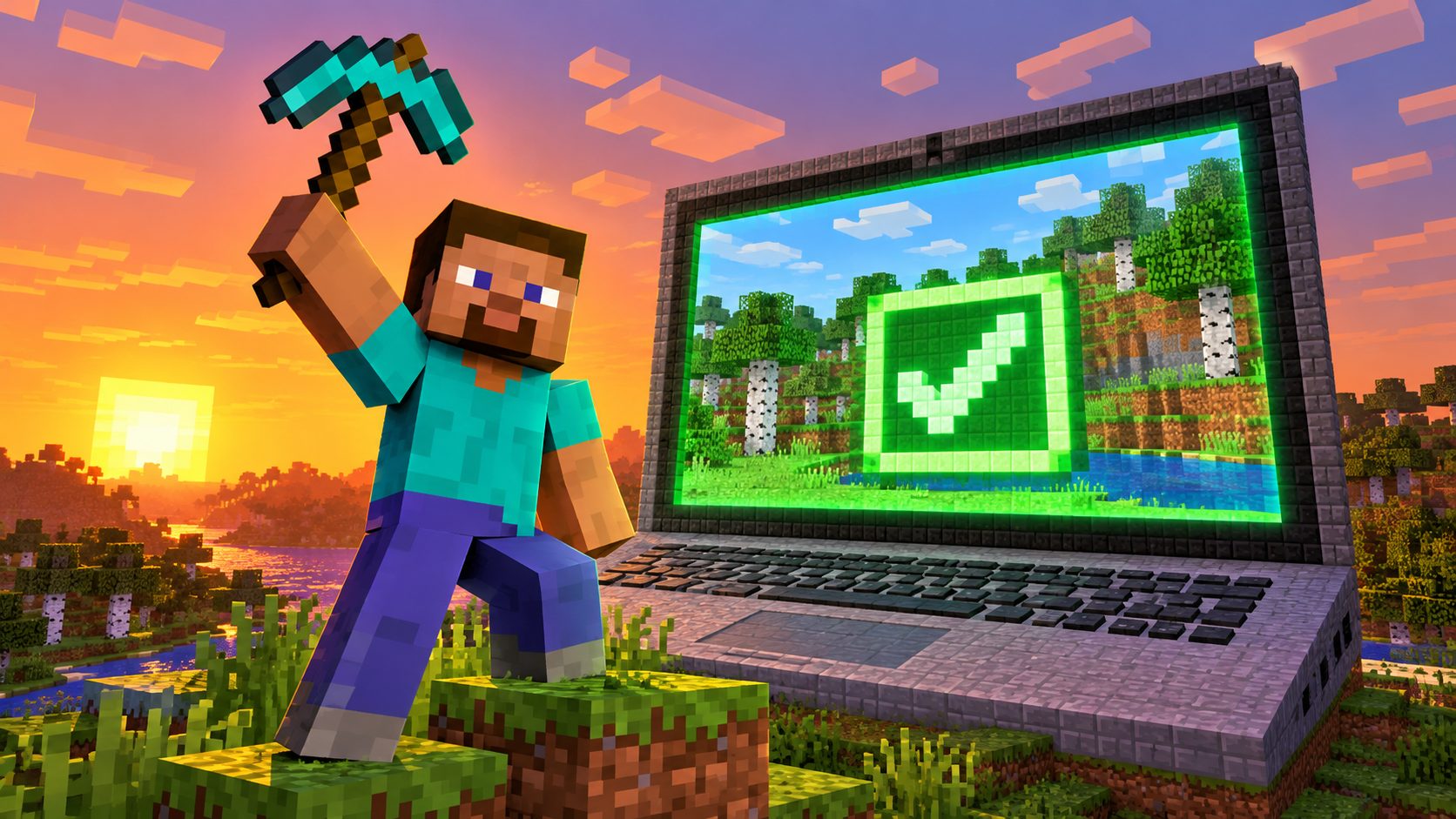 Personaje de Minecraft junto a un portátil gigante hecho de bloques