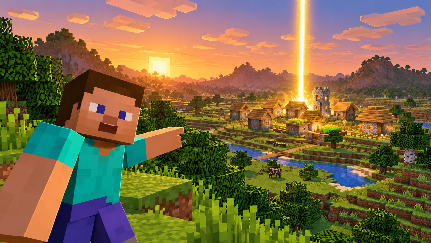 Jugador de Minecraft señalando una aldea marcada por un haz de luz en el horizonte