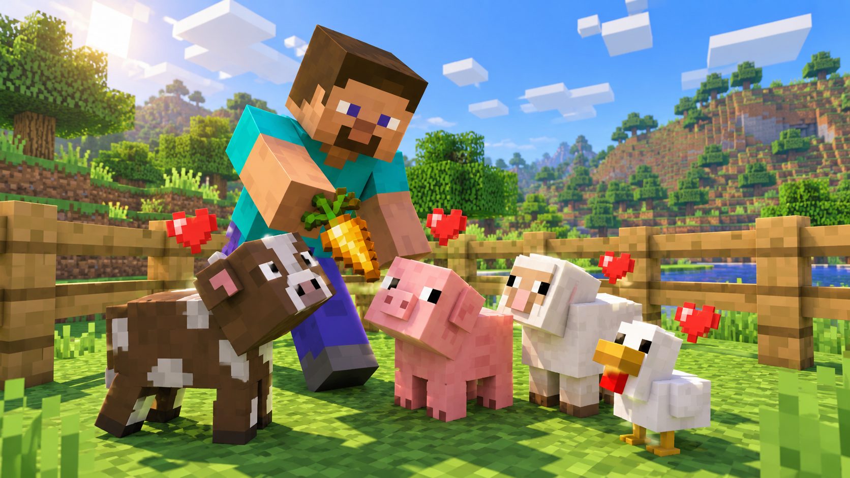 Jugador de Minecraft con una zanahoria dorada en un corral con crías de vaca, cerdo, oveja y pollo