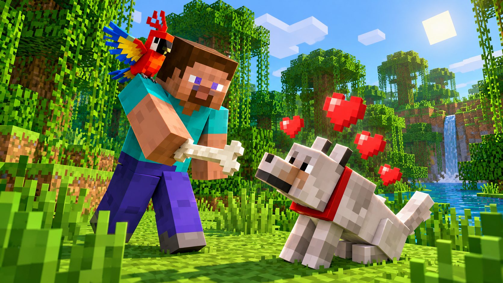 Jugador de Minecraft domando un lobo con un hueso mientras un loro se posa en su hombro