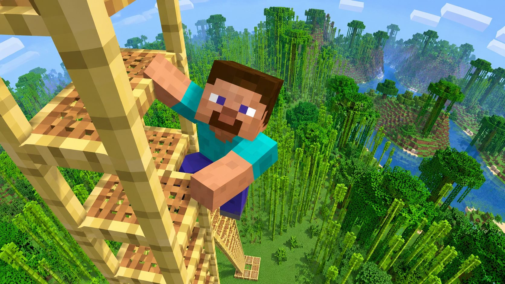 Jugador de Minecraft subiendo por una torre de andamios de bambú sobre una jungla