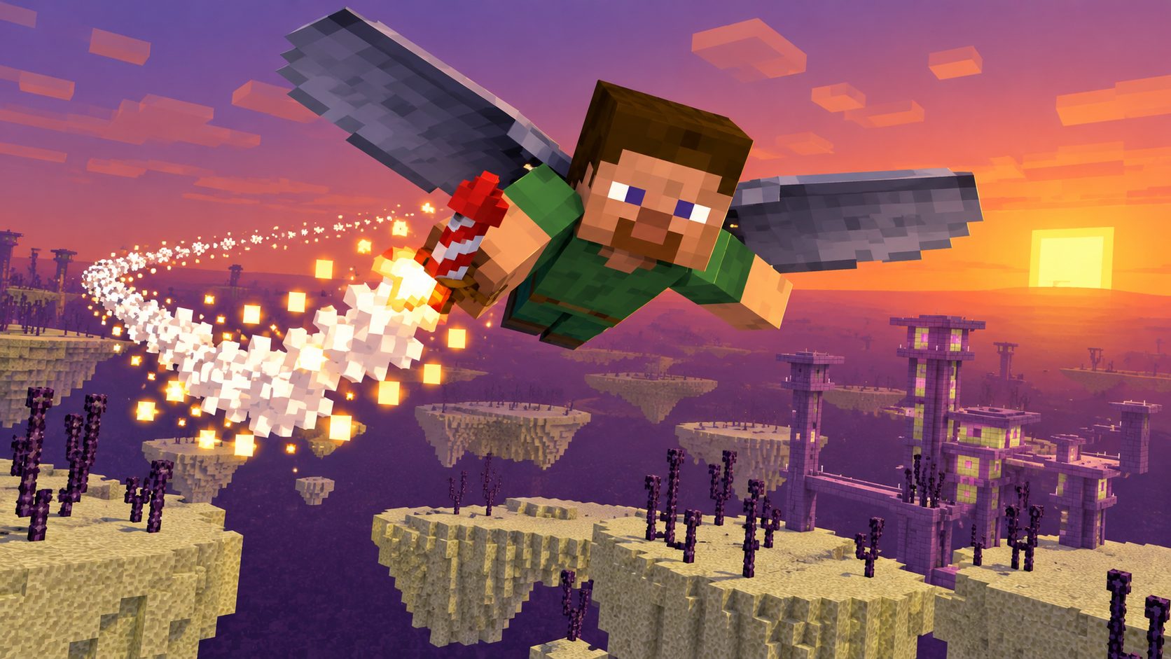 Jugador de Minecraft volando con elytra impulsado por un cohete de fuegos artificiales