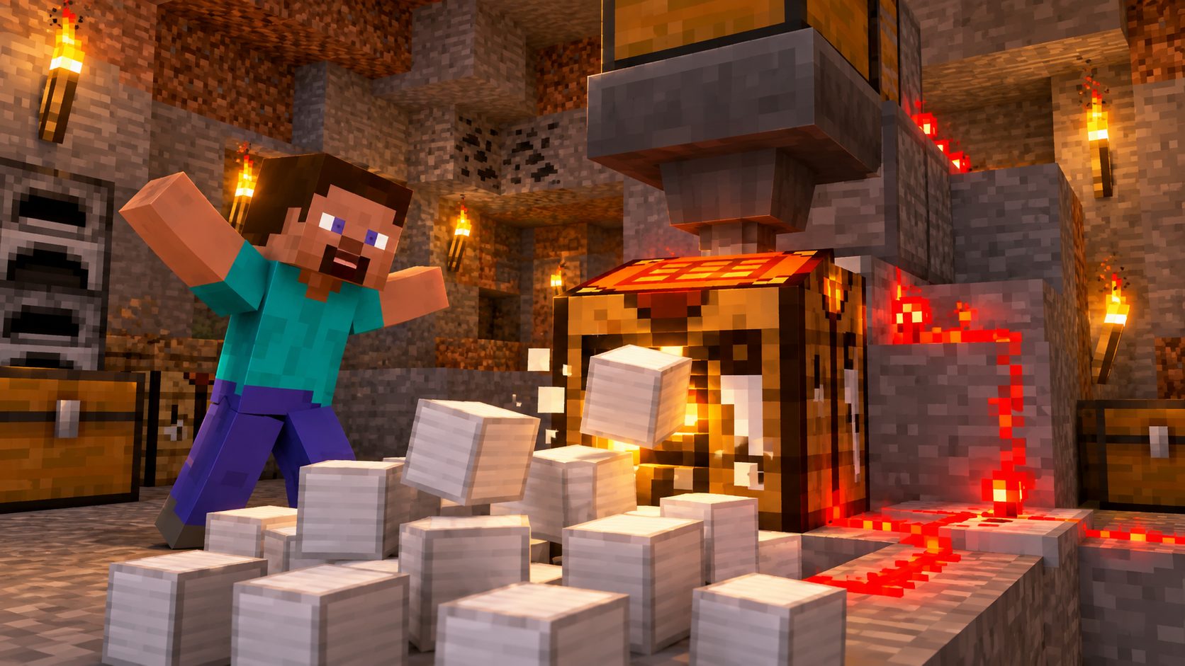 Crafter de Minecraft soltando bloques de hierro activado con redstone