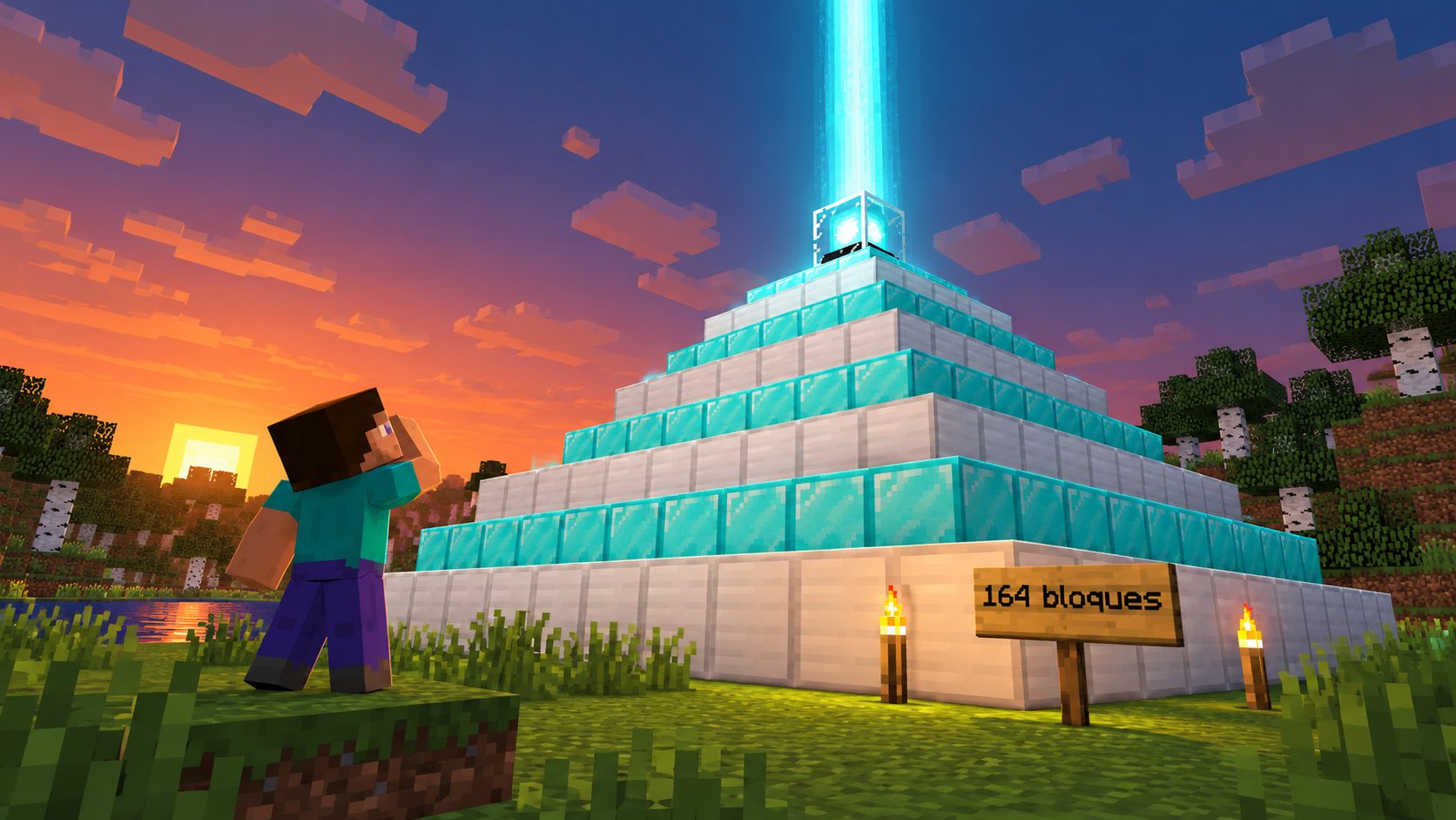 Faro de Minecraft encendido sobre una pirámide de bloques de hierro y diamante