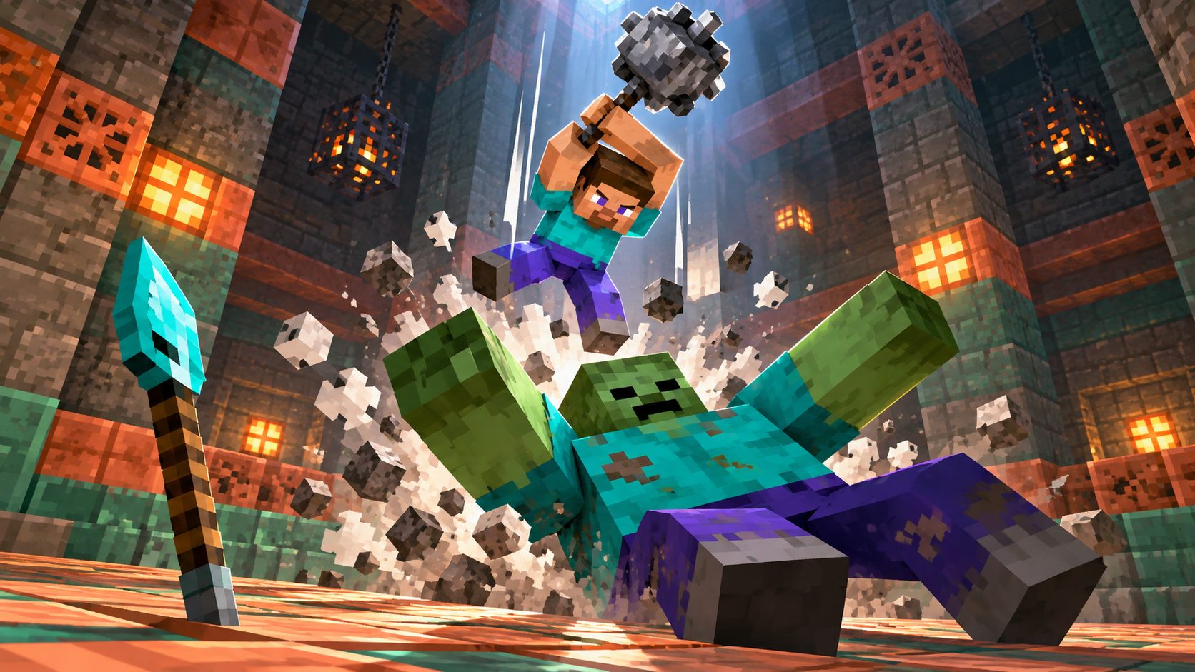 Un jugador de Minecraft cae desde lo alto con el mazo sobre un zombi, con una lanza de diamante clavada delante