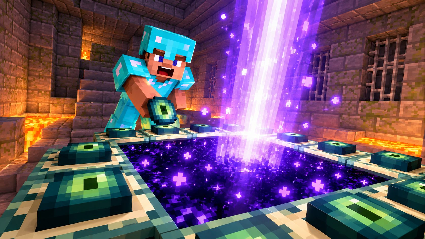 Jugador de Minecraft colocando el último ojo de Ender en el portal al End