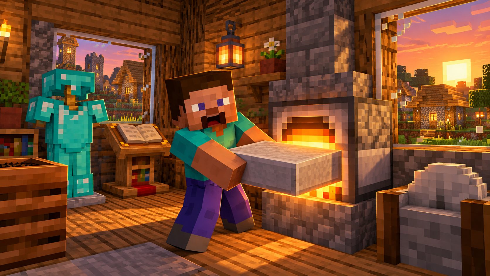 Jugador de Minecraft junto a un horno con una losa de piedra lisa y un soporte de armadura con armadura de diamante