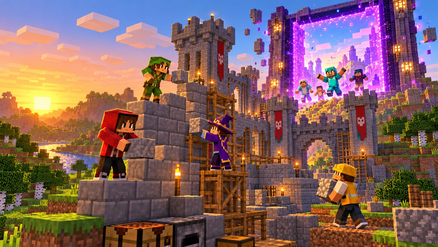 Varios jugadores de Minecraft construyendo juntos un castillo en el mismo mundo