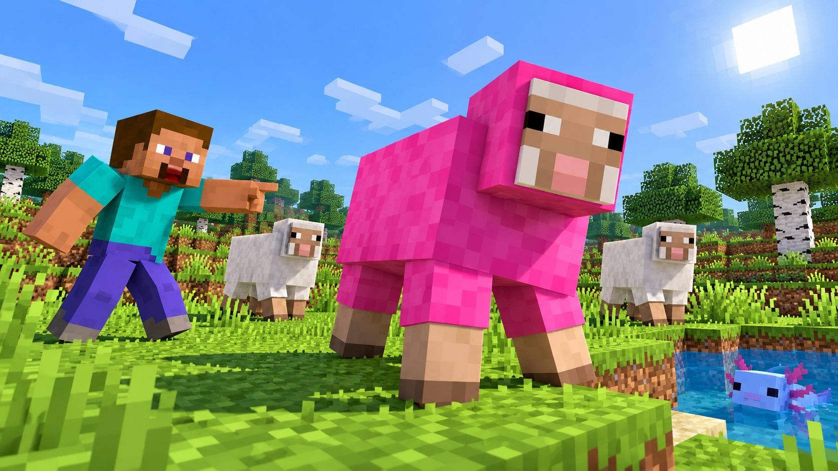 Jugador de Minecraft sorprendido señala una oveja rosa entre ovejas blancas
