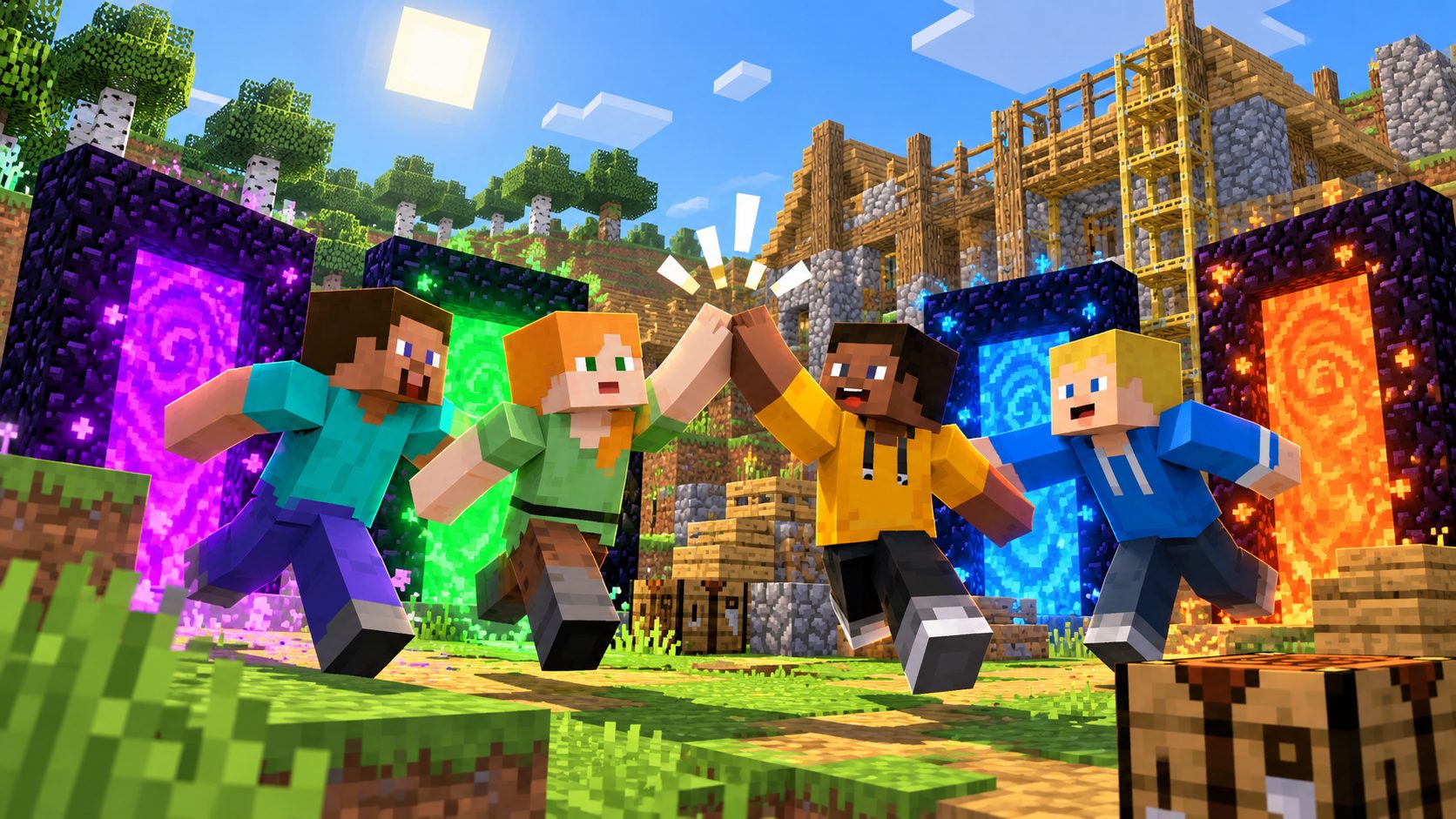 Cuatro jugadores de Minecraft llegan juntos por portales a un mismo mundo