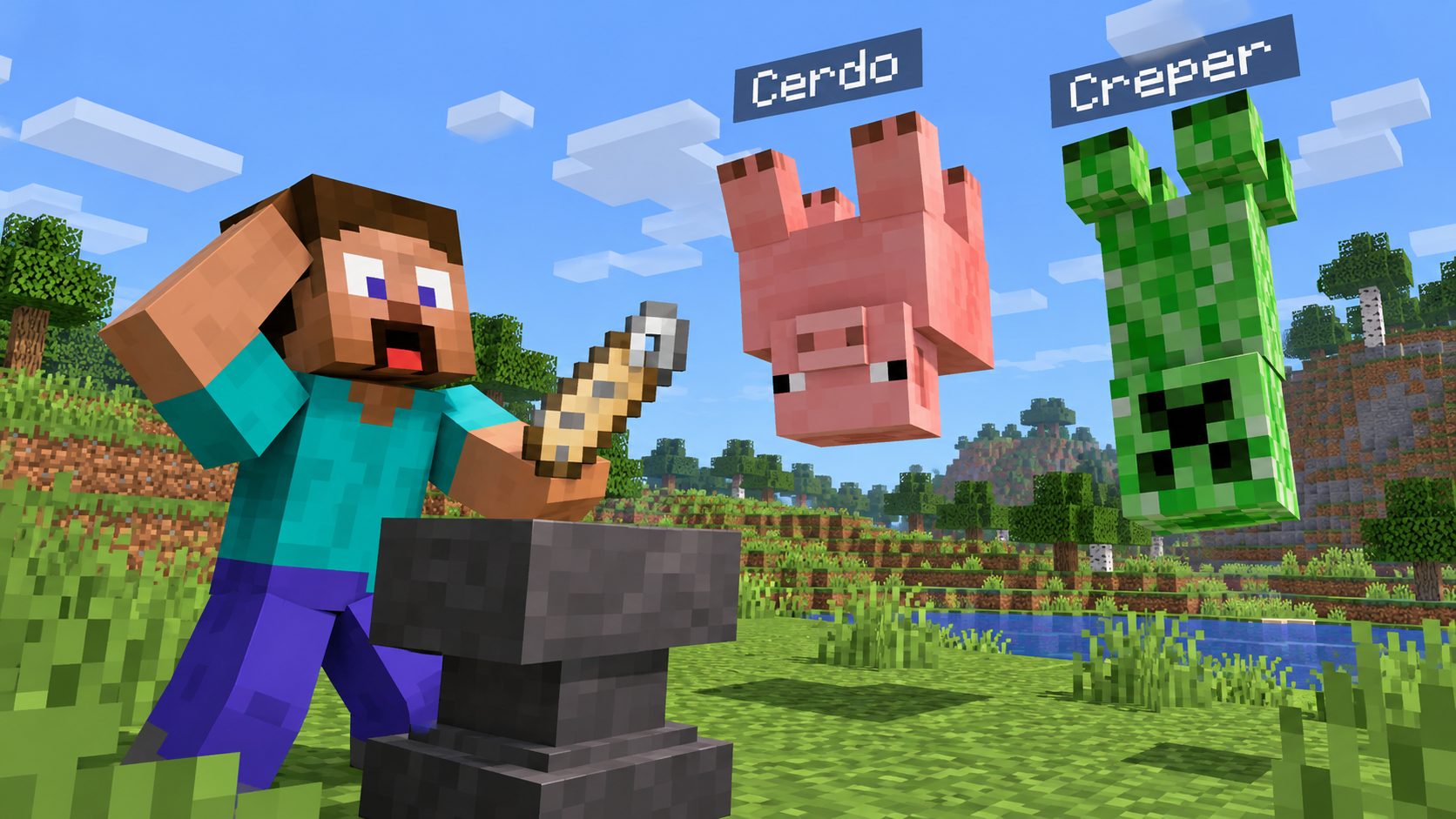 Un cerdo y un creeper de Minecraft del revés tras ponerles una etiqueta de nombre