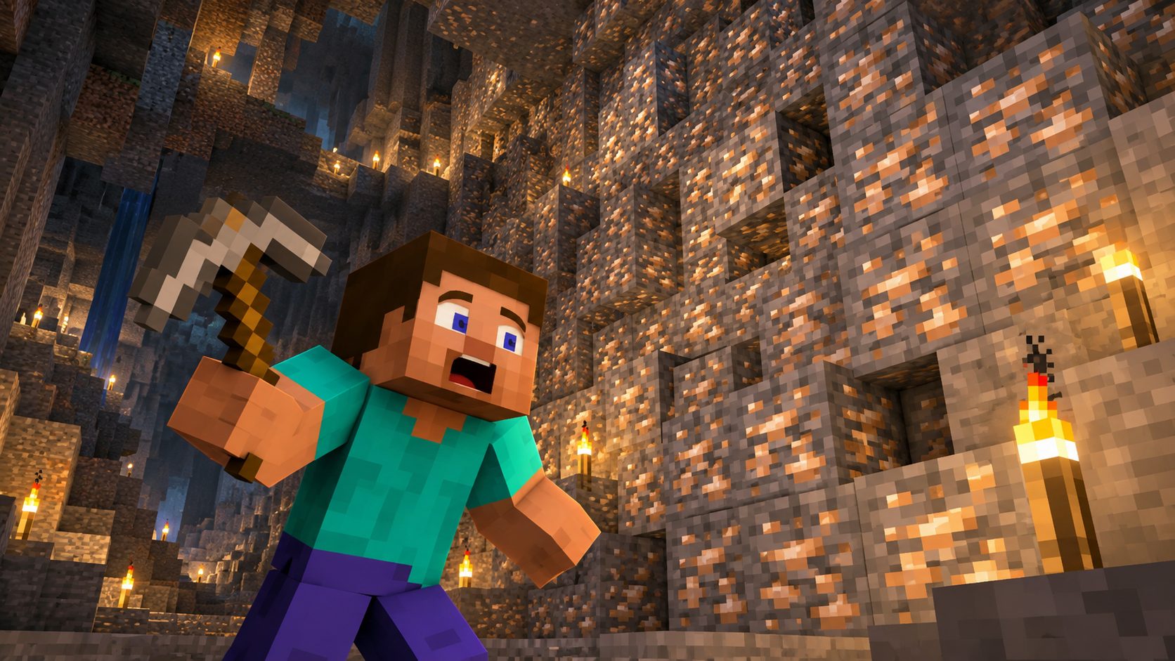 Jugador de Minecraft frente a una pared de cueva llena de mena de hierro
