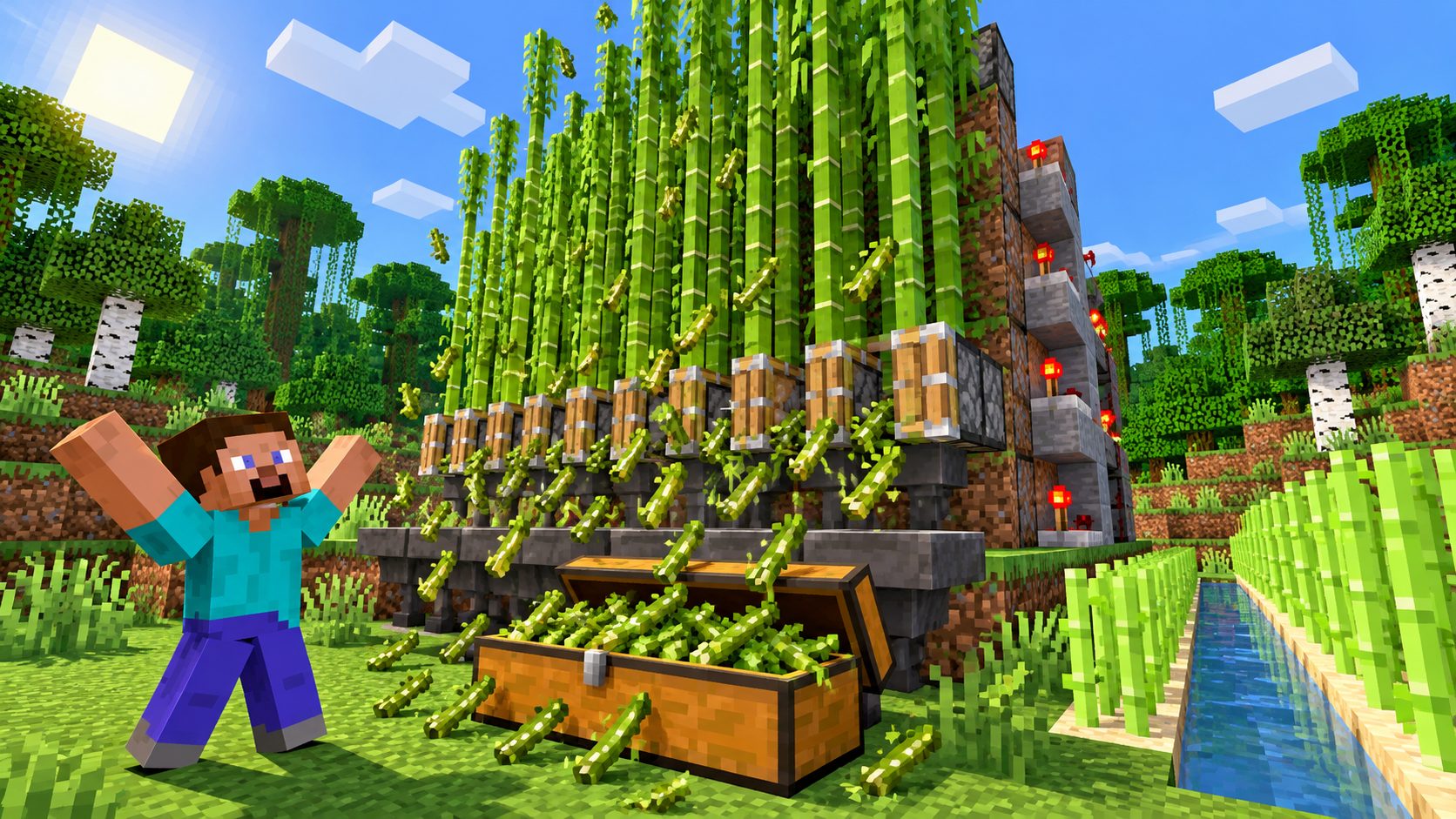 Granja automática de bambú y caña de azúcar en Minecraft con pistones y un cofre lleno