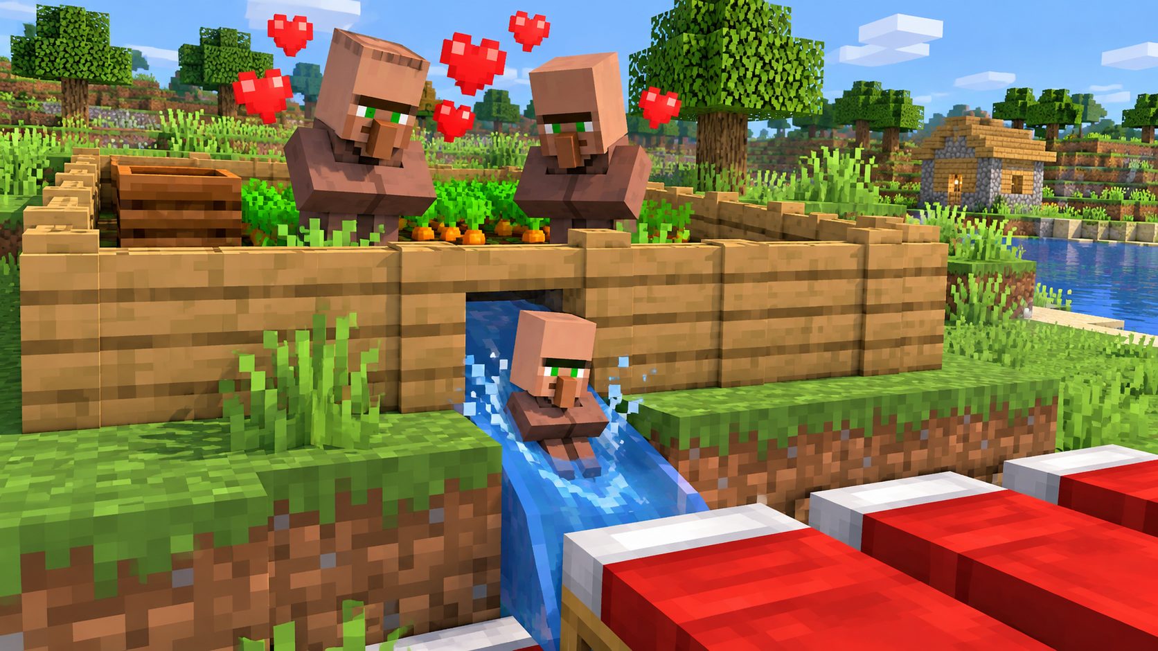 Aldeano bebé de Minecraft saliendo por un hueco de un bloque de una granja de aldeanos