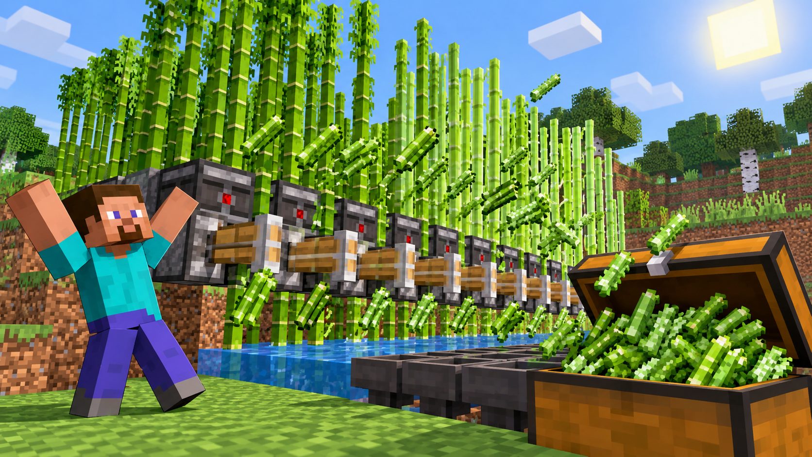 Granja automática de caña de azúcar y bambú en Minecraft con pistones y observadores