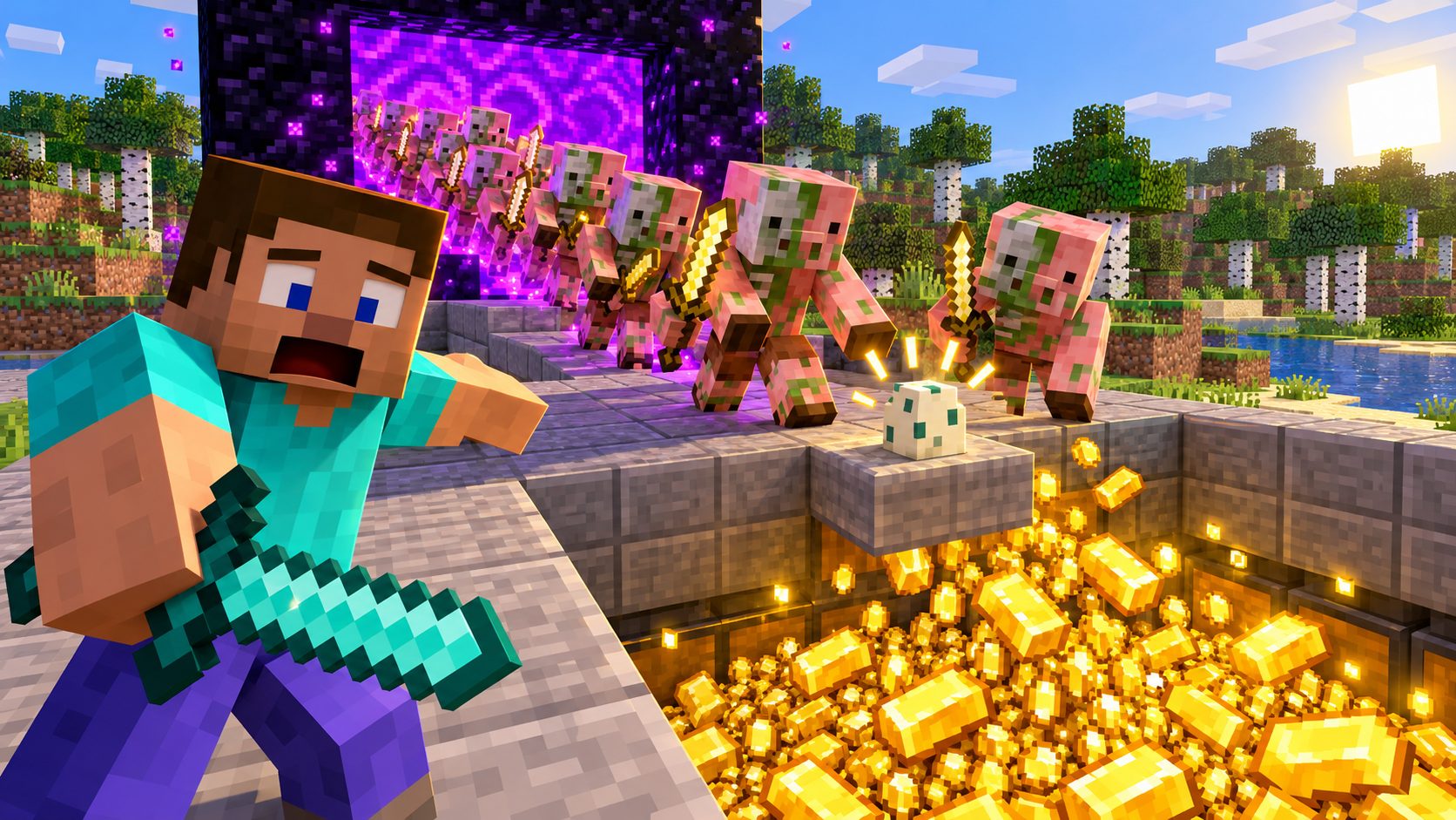 Piglins zombificados de Minecraft caminando hacia un huevo de tortuga junto a un portal del Nether y un montón de oro