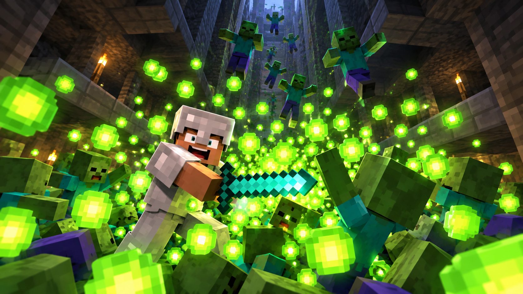 Jugador de Minecraft rematando zombis que caen en una granja de XP entre bolas de experiencia verdes