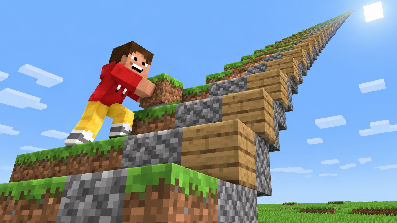 Jugador de Minecraft con sudadera roja colocando un bloque en lo alto de una enorme escalera de bloques clásicos