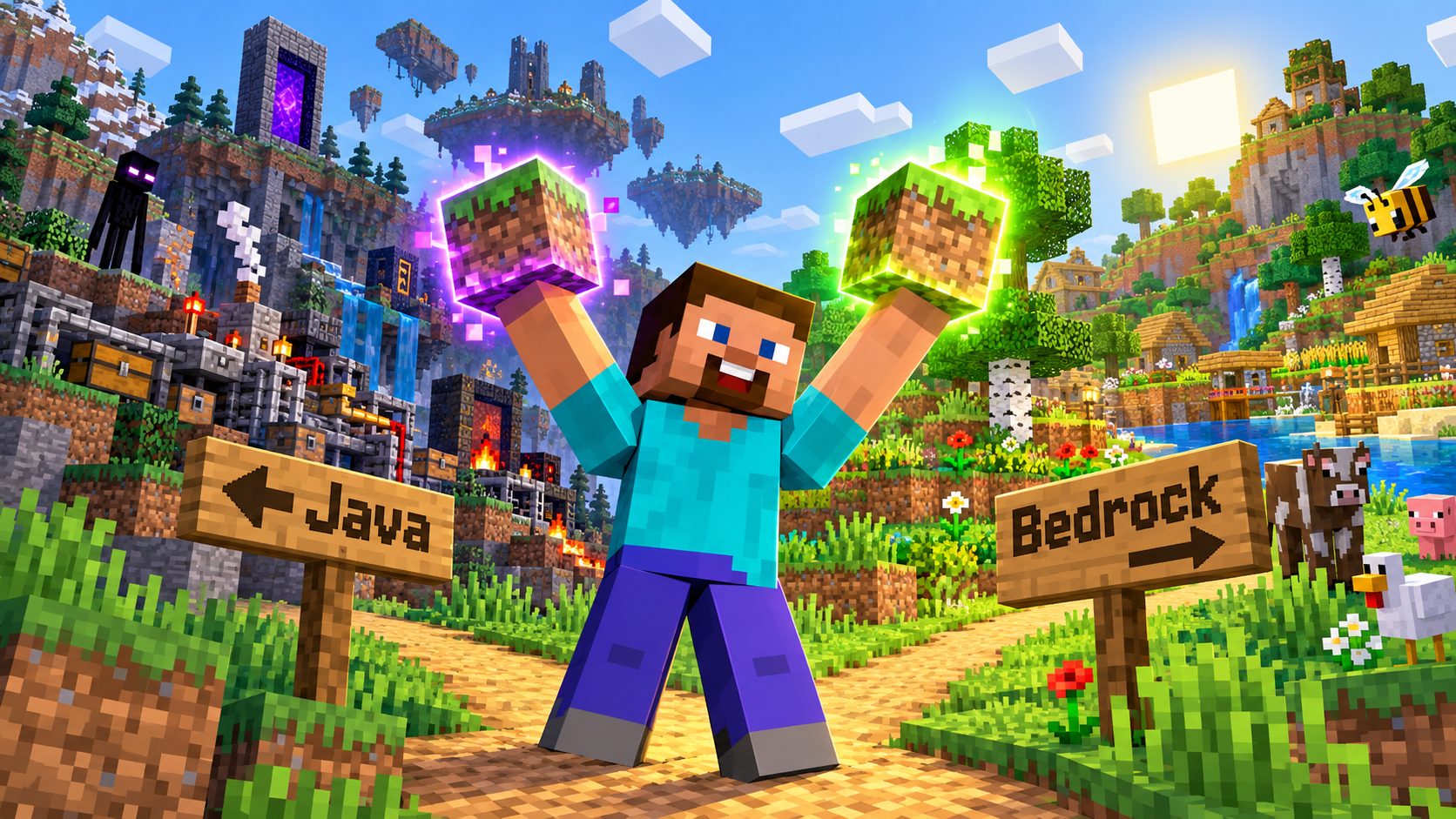 Jugador de Minecraft con un bloque de hierba brillante en cada mano ante un mundo partido en dos