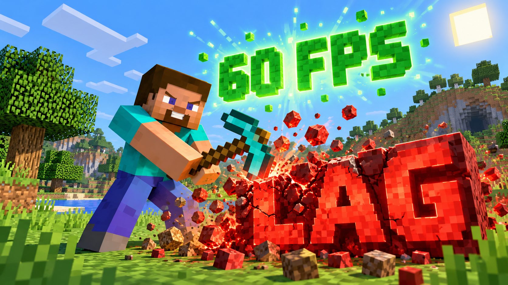Jugador de Minecraft rompe un bloque de LAG con un pico de diamante bajo un contador de 60 FPS
