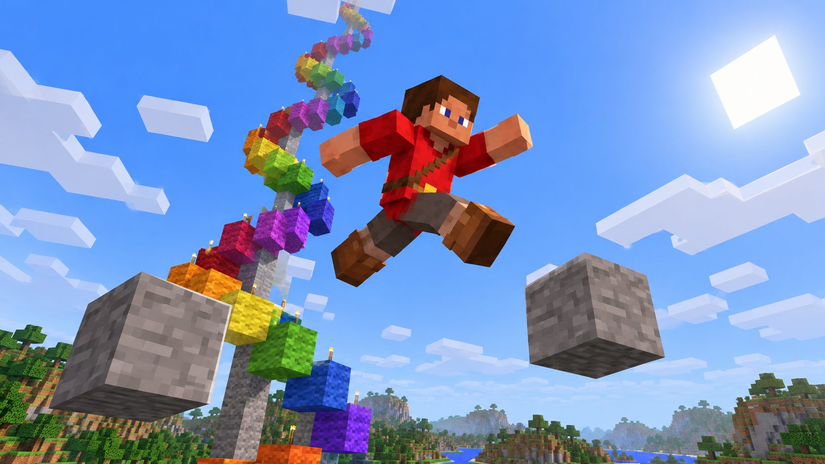 Jugador de Minecraft saltando entre dos bloques en un mapa de parkour con una torre en espiral