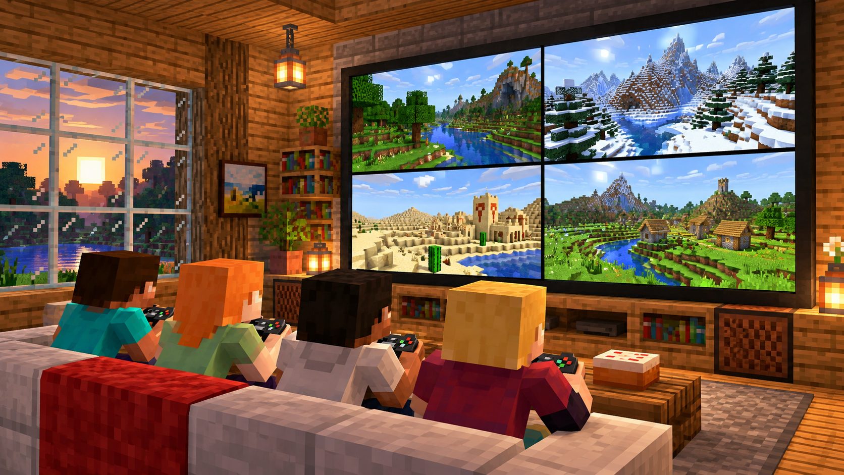 Cuatro jugadores de Minecraft con mandos frente a una tele en pantalla dividida