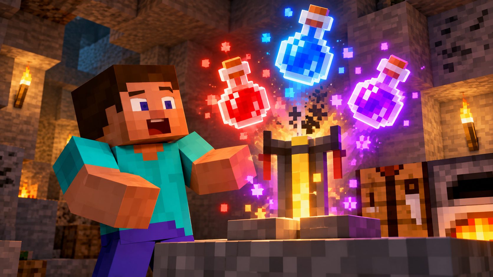 Steve de Minecraft junto a un soporte para pociones del que salen pociones de colores