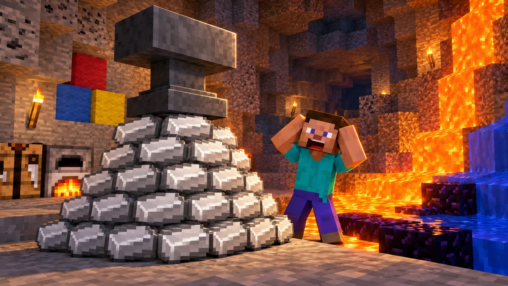 Un jugador de Minecraft junto a un yunque encima de un montón de lingotes de hierro