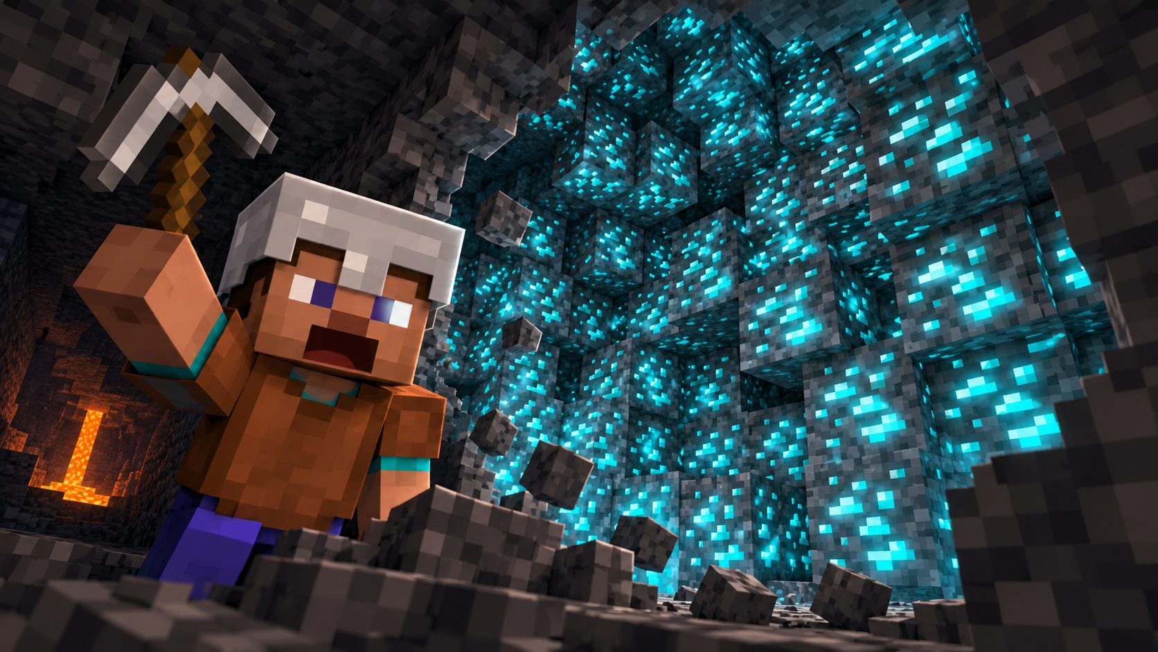 Minero de Minecraft ante una enorme veta de diamante en la pizarra profunda