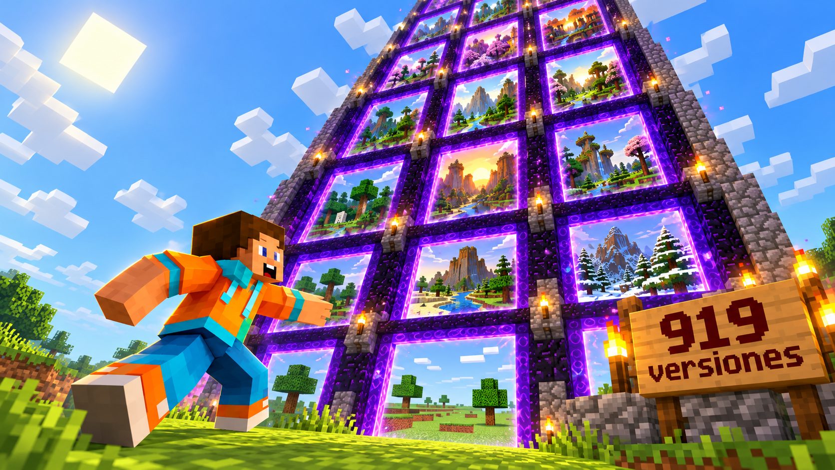 Personaje de Minecraft ante una pared de portales con el aspecto de las versiones antiguas del juego