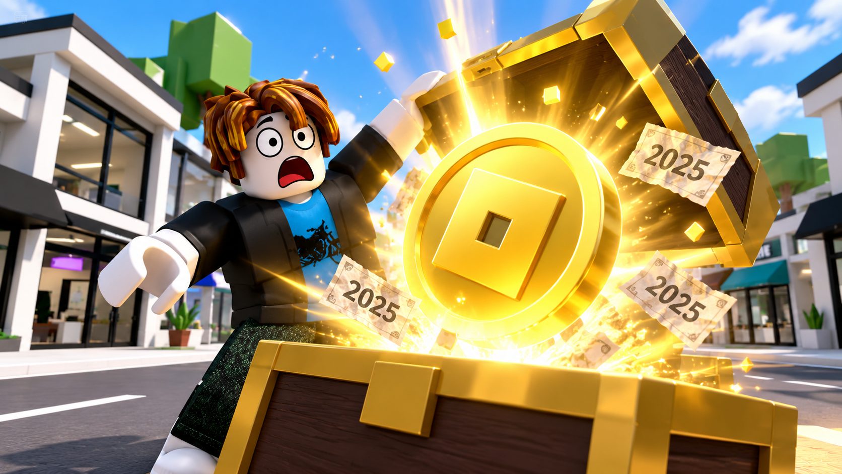 Avatar de Roblox abre un cofre del que sale una moneda gigante de Robux