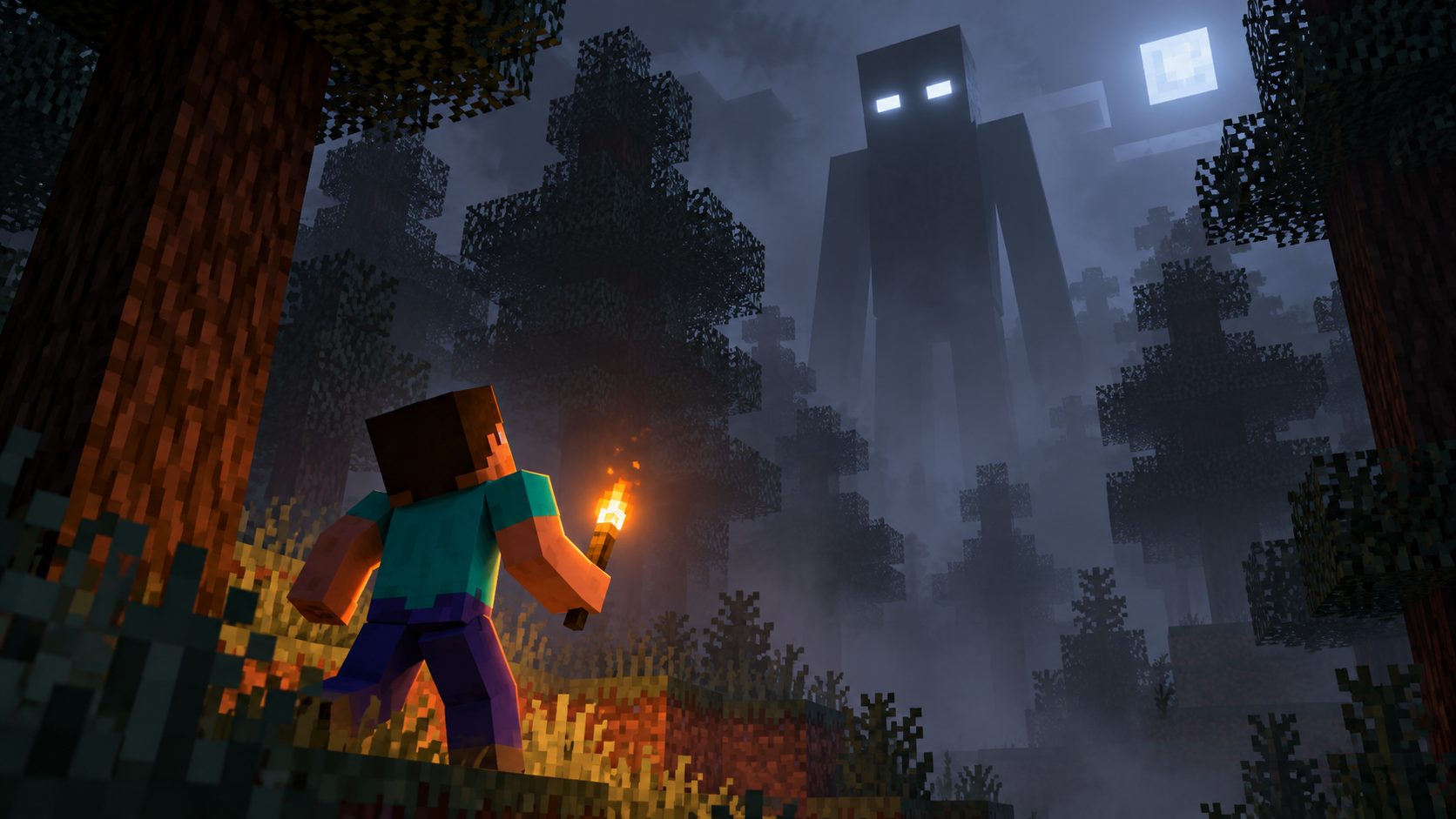 Steve de Minecraft con una antorcha frente a una figura gigante que sale de la niebla