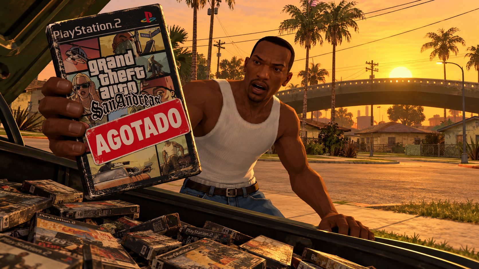 CJ en Grove Street sostiene una caja de GTA San Andreas con una pegatina de agotado