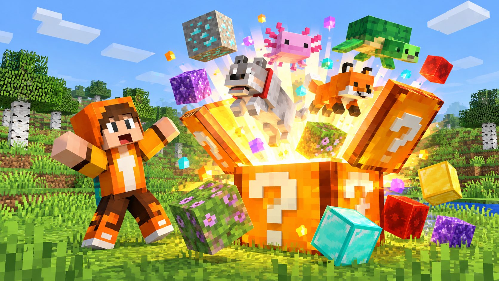 Personaje de Minecraft sorprendido ante un paquete gigante del que salen criaturas y bloques nuevos