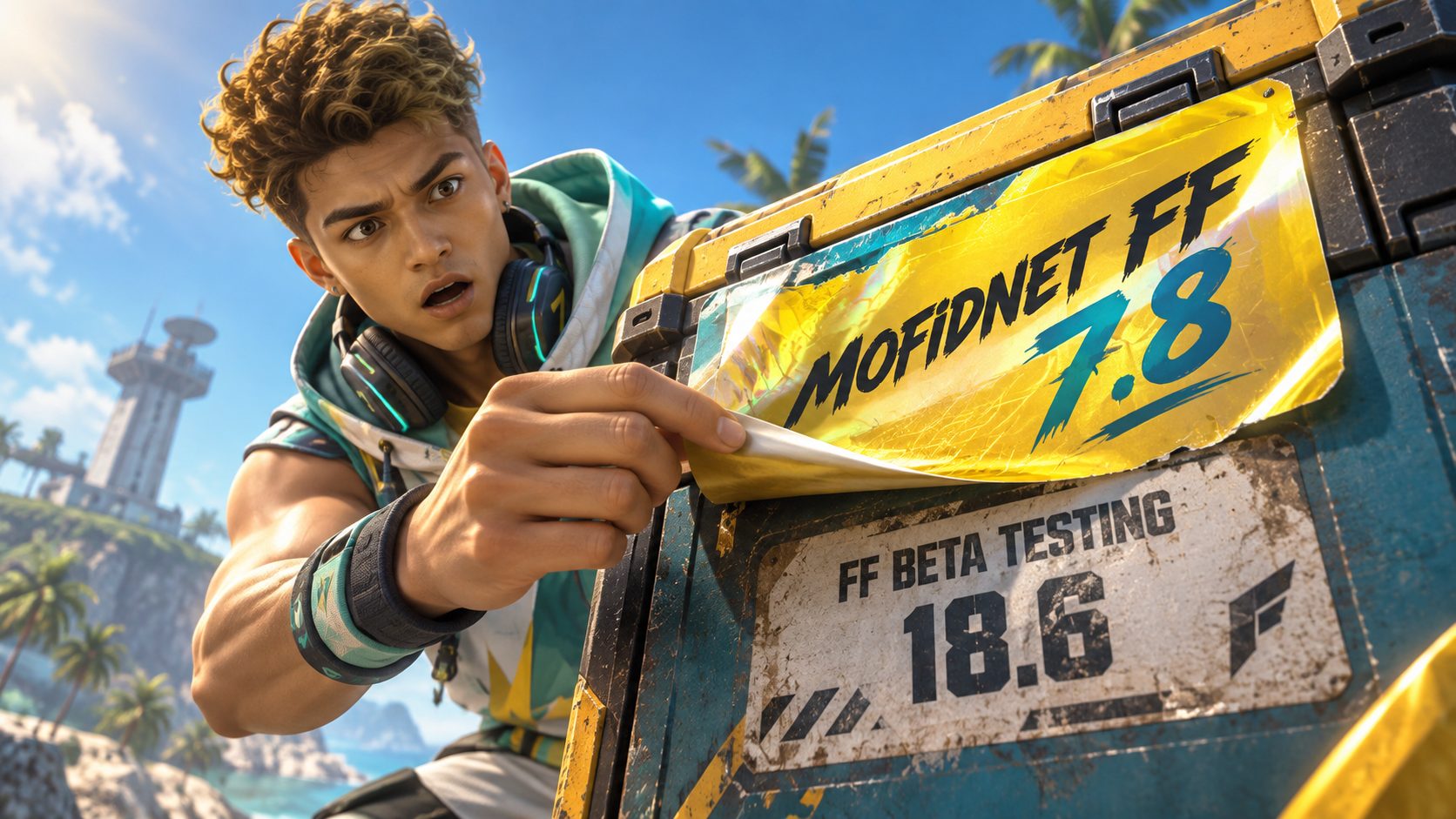 Superviviente de Free Fire despega la etiqueta Mofidnet FF de una caja y debajo aparece FF Beta Testing 18.6