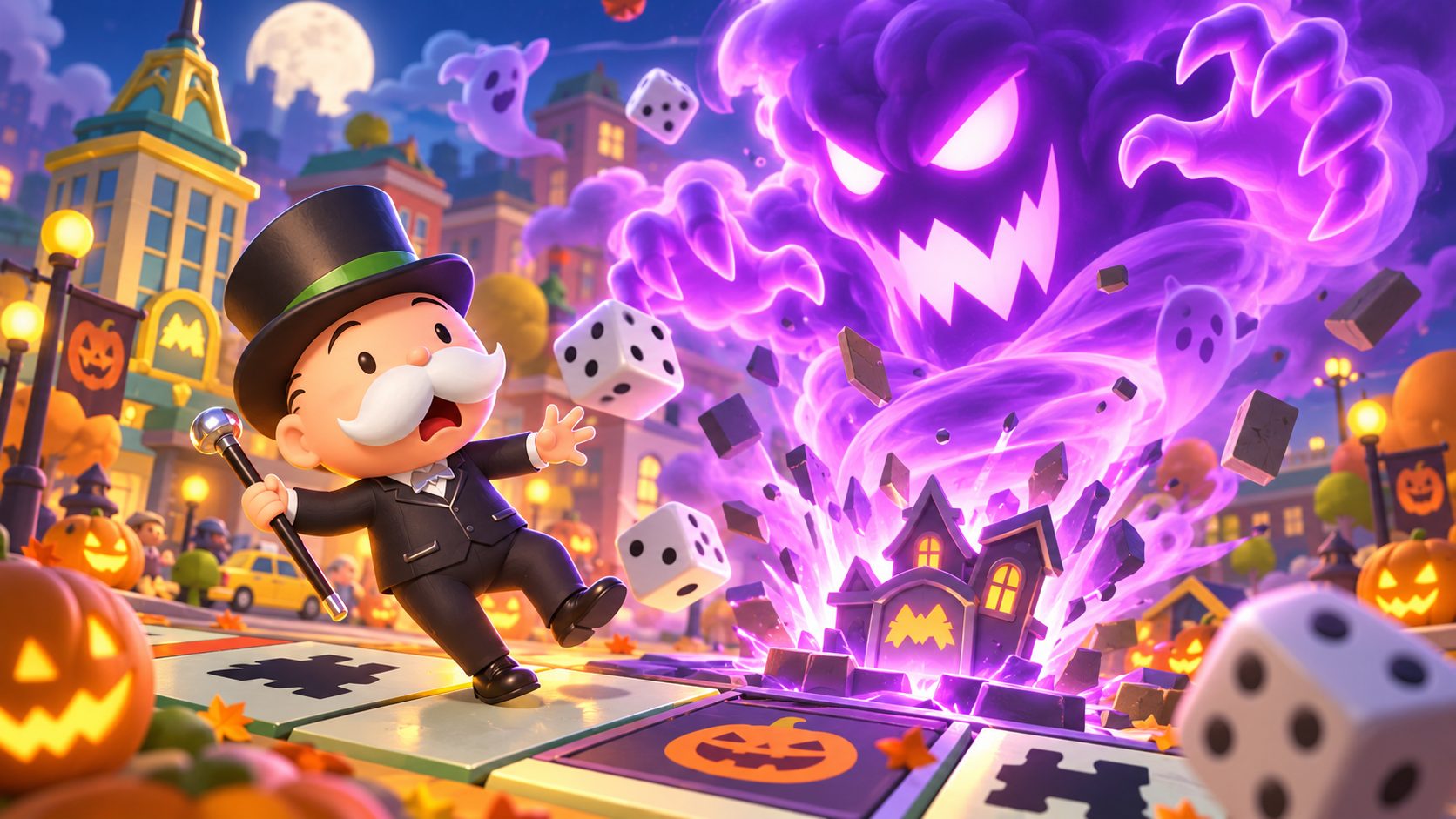 Mr. Monopoly asustado ante una tormenta de fantasmas en un tablero de Halloween de Monopoly GO