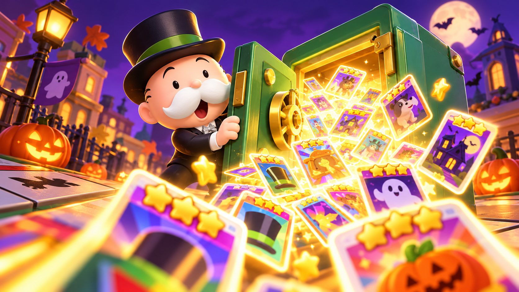 Mr. Monopoly abre una caja fuerte llena de pegatinas en Monopoly GO
