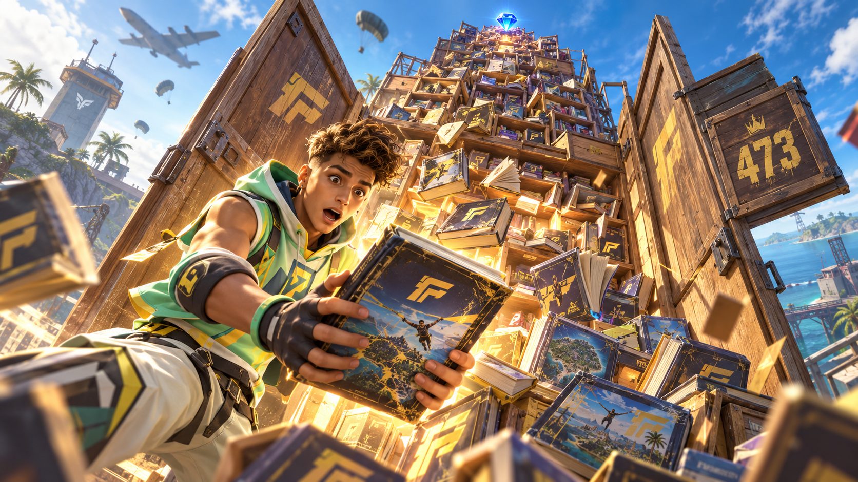 Superviviente de Free Fire ante una torre gigante de guías con un solo diamante en lo alto