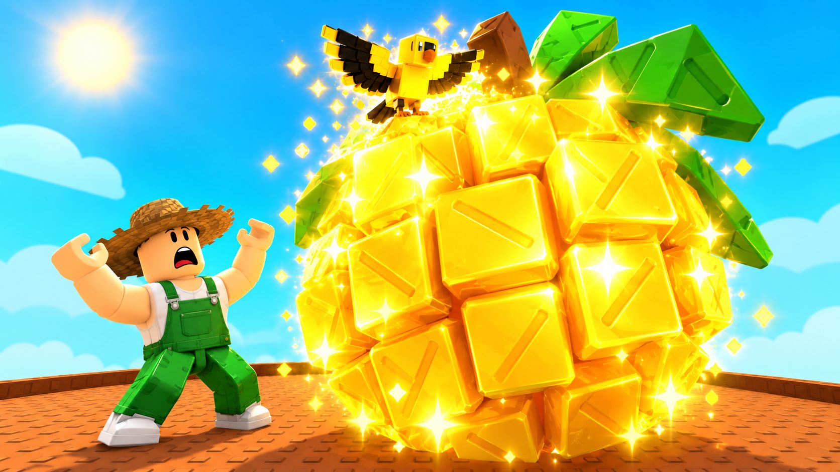Un pájaro dorado de Grow a Garden cubre de brillo dorado una fruta gigante del huerto en Roblox