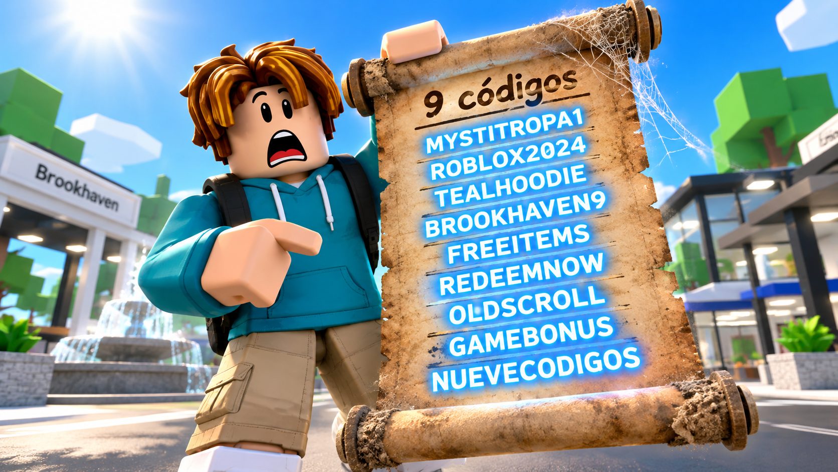 Avatar de Roblox sorprendido con un pergamino viejo lleno de códigos