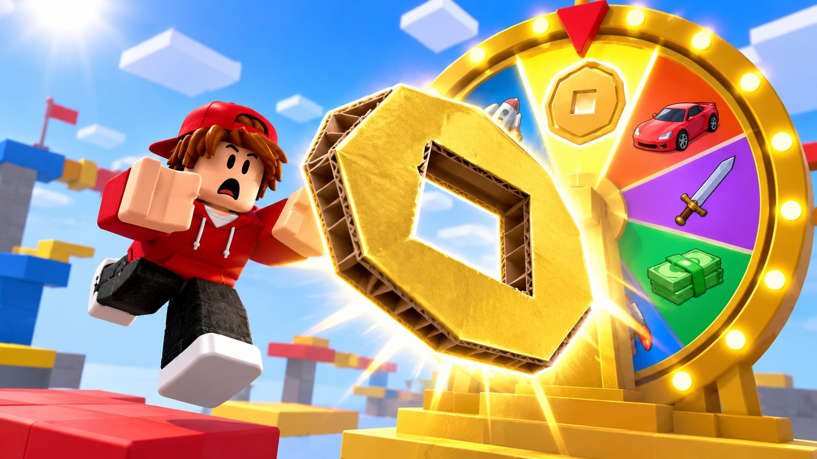 Avatar de Roblox ante una ruleta gigante de la que sale una moneda de Robux hueca