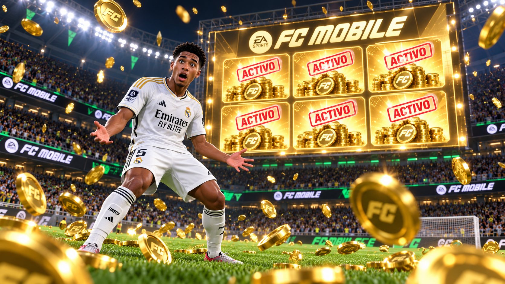 Jugador de FC Mobile sorprendido ante un marcador lleno de códigos marcados como activos